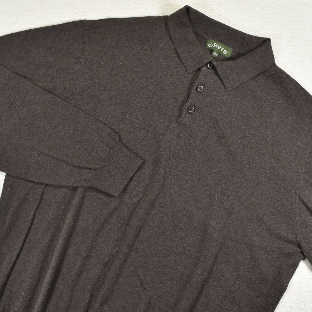 Orvis Sweater Mens XL Brown Polo Collar Cotton Silk Cashmere Knit Pullover